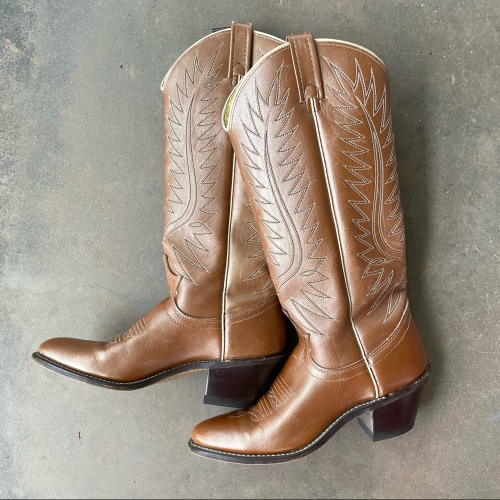 VINTAGE ACME Tall Pearlescent Tan Heeled Embroidered Cowgirl Boots Size 6.5
